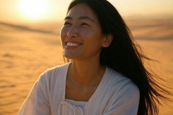Vrouw van de wereld staat in de woestijn bij zonsopgang, uitstralend berusting en geluk, met een serene horizon op de achtergrond, passend bij een blog over chaos en kracht.
