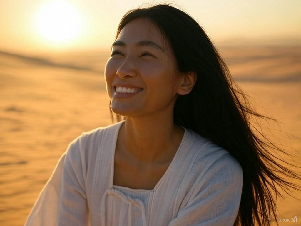 Vrouw van de wereld staat in de woestijn bij zonsopgang, uitstralend berusting en geluk, met een serene horizon op de achtergrond, passend bij een blog over chaos en kracht.