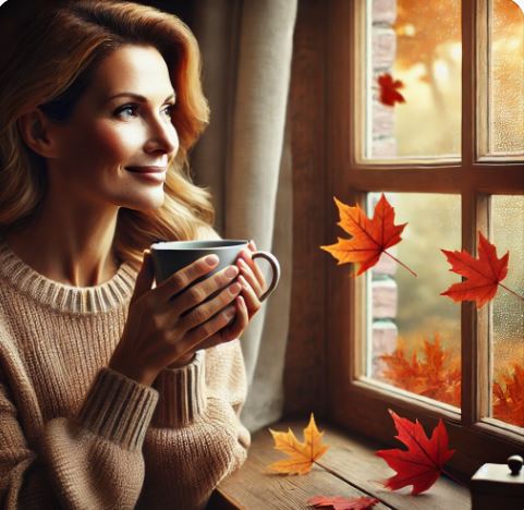Realistische afbeelding van een middelbare vrouw die met een kop thee bij het raam zit, kijkend naar vallende herfstbladeren. De warme, huiselijke sfeer met zachte verlichting straalt rust, reflectie en levenswijsheid uit. Perfect als visual voor blogs over levenslessen, persoonlijke groei en zelfreflectie.