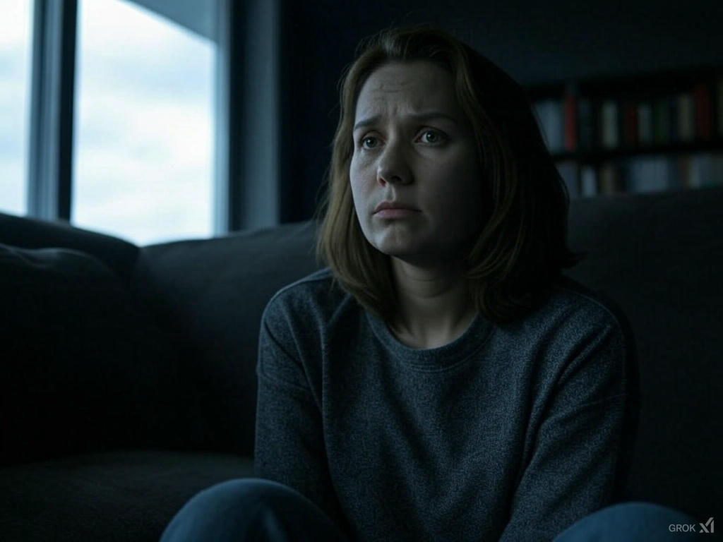 Een realistische afbeelding van een vrouw die ineengedoken in de hoek van een grijze bank zit. Ze staart somber voor zich uit, haar ogen gericht op een punt in de verte. Haar schouders hangen licht, haar handen rusten slap in haar schoot, en haar gezicht draagt een uitdrukking van verwarring en emotionele uitputting, alsof ze net slachtoffer is geworden van gaslighting. De kamer om haar heen is eenvoudig en schemerig verlicht, wat de zware sfeer versterkt.