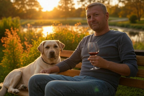 Jasper zit op een bankje in de tuin met een glas rode wijn, naast een vijver, tussen de bomen, tijdens zonsondergang, met een labrador aan zijn zijde.