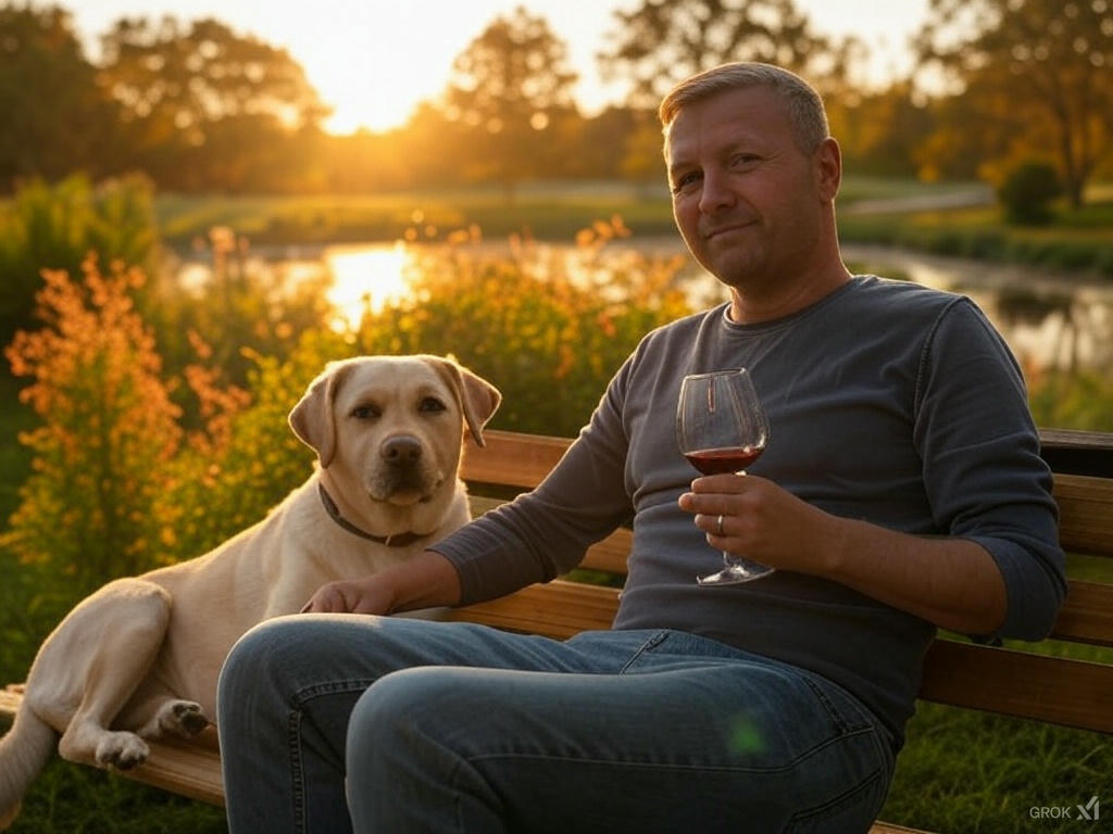 Jasper zit op een bankje in de tuin met een glas rode wijn, naast een vijver, tussen de bomen, tijdens zonsondergang, met een labrador aan zijn zijde.